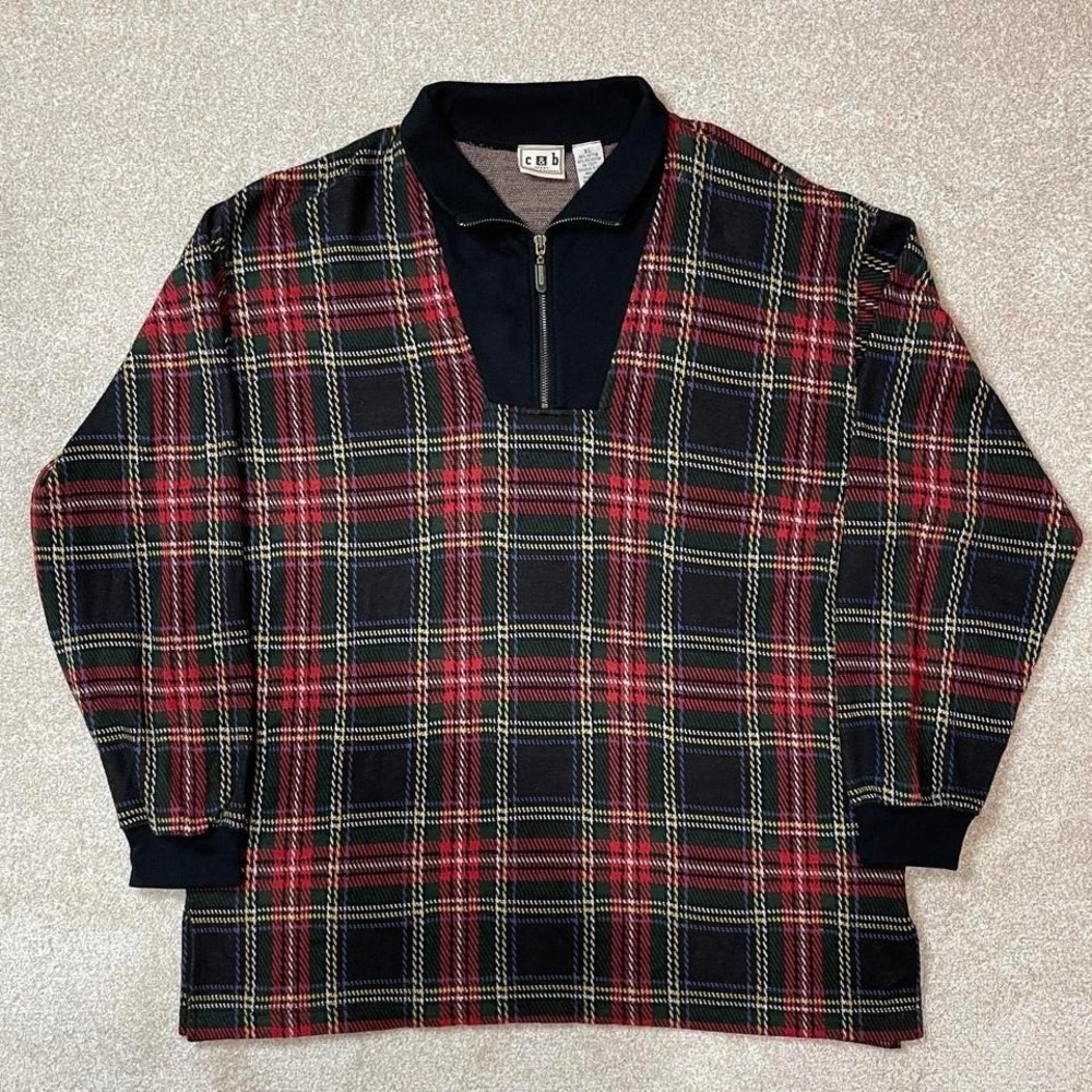 Vintage Croft & Barrow Black and Red Quarter Zip Plaid Sweater Size X-Large